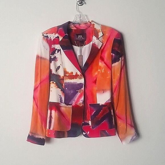NWT Rachel Roy Sz 2 4 Silk Blazer Jacket Colorful Pink White Art Feminine Office - Picture 4 of 16